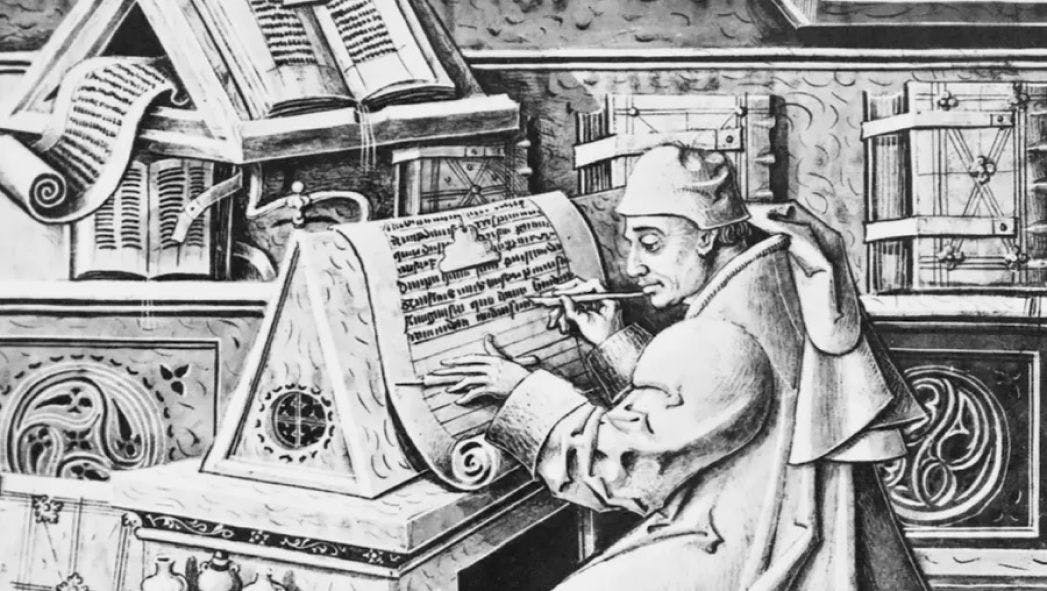 a black and white drawing of a man writing on a scroll .