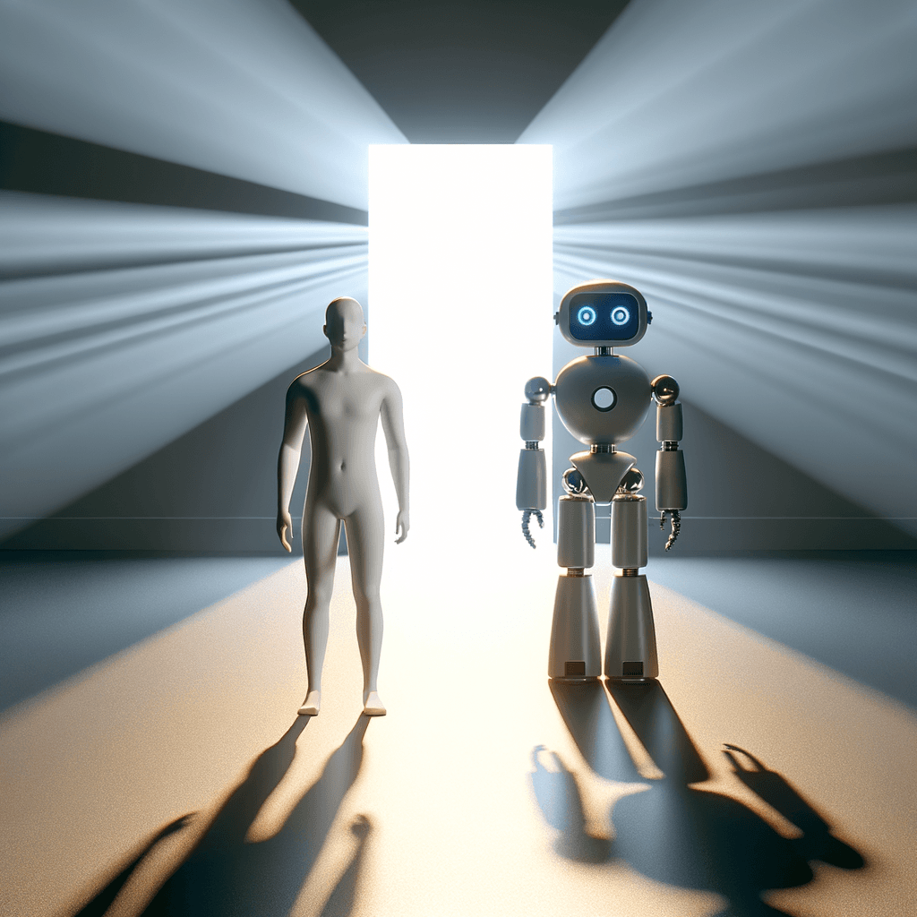 a man and a robot are standing next to each other