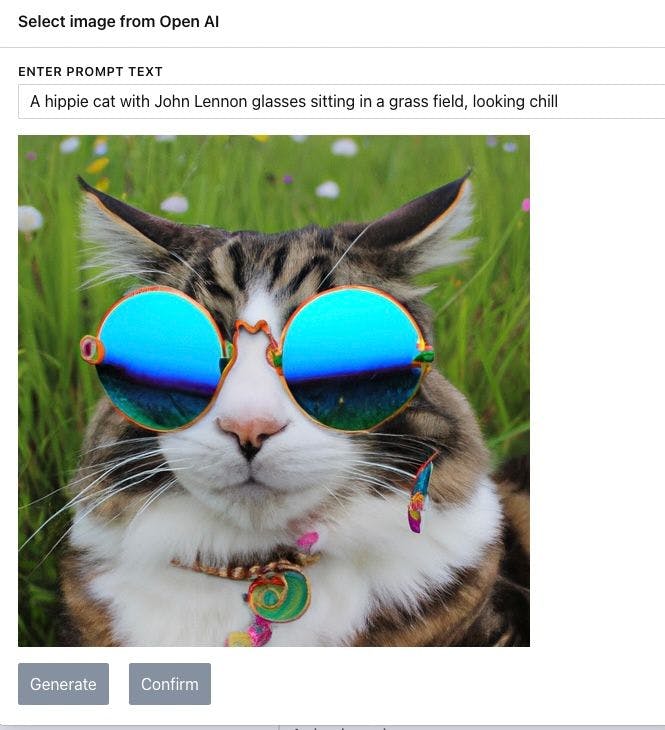 en hippie katt med john lennon briller sitter i et gressfelt blir generert av en ai-modell i Sanity